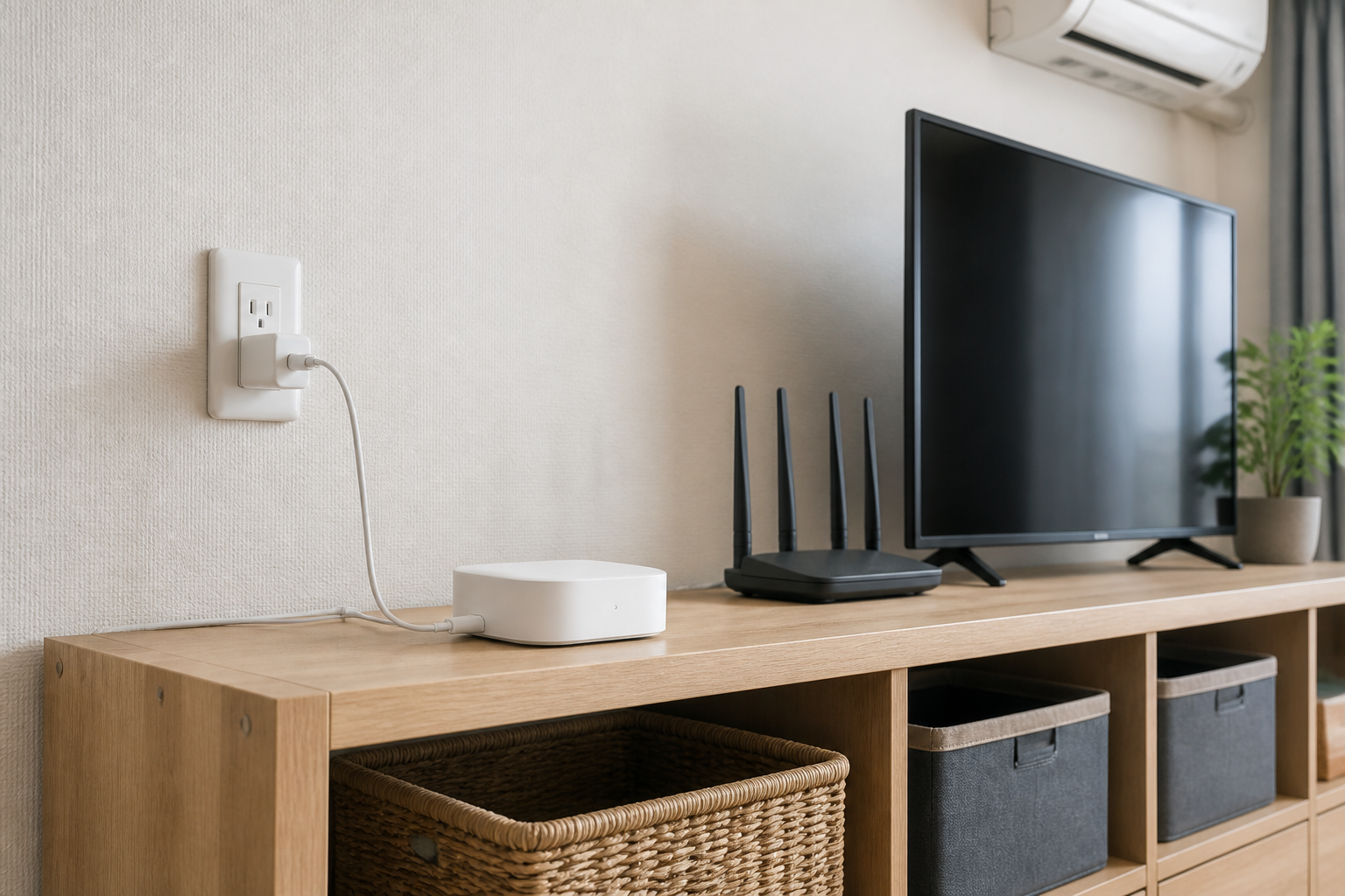 Wi-FiルーターとTapo機器を置いた棚でスマートリモコンの場所を決めるイメージ
