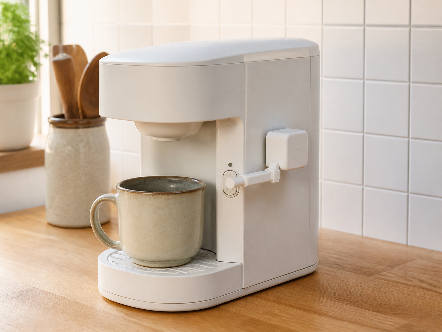 物理ボタンの横にボタンプッシャーを取り付けたコーヒーメーカー