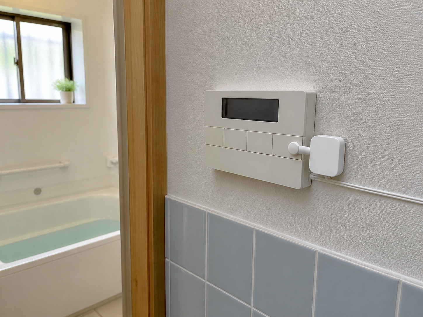 浴室の入口にある給湯器リモコンとボタンプッシャー