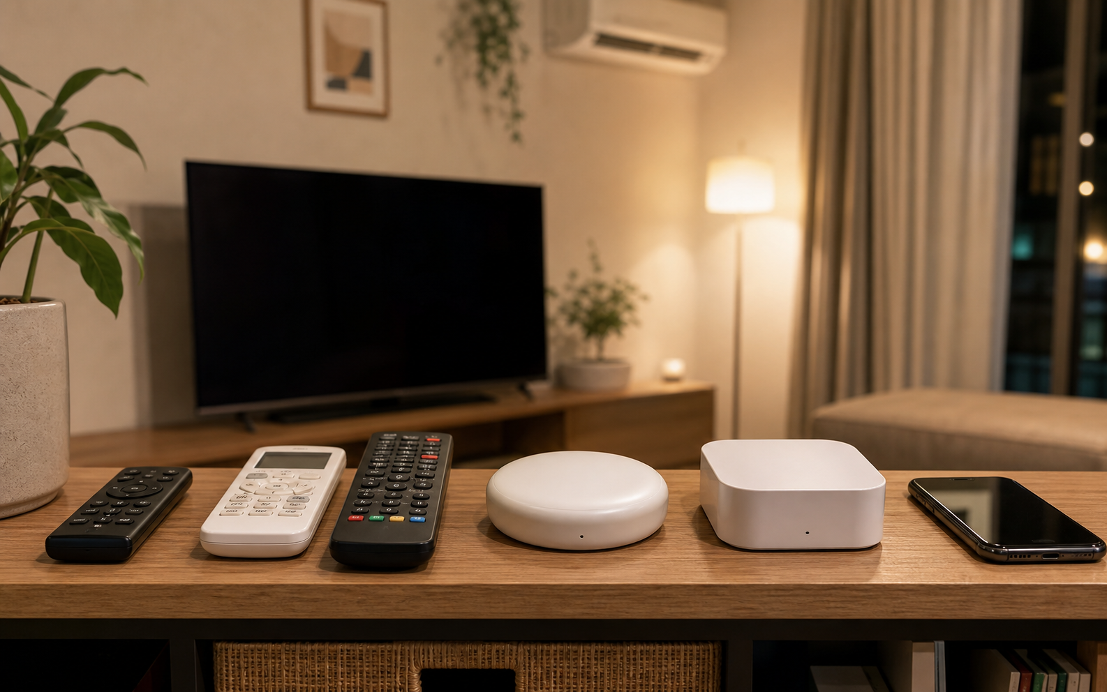 テレビとエアコンのリモコンのそばに置いた白いスマートリモコンハブを見比べる様子
