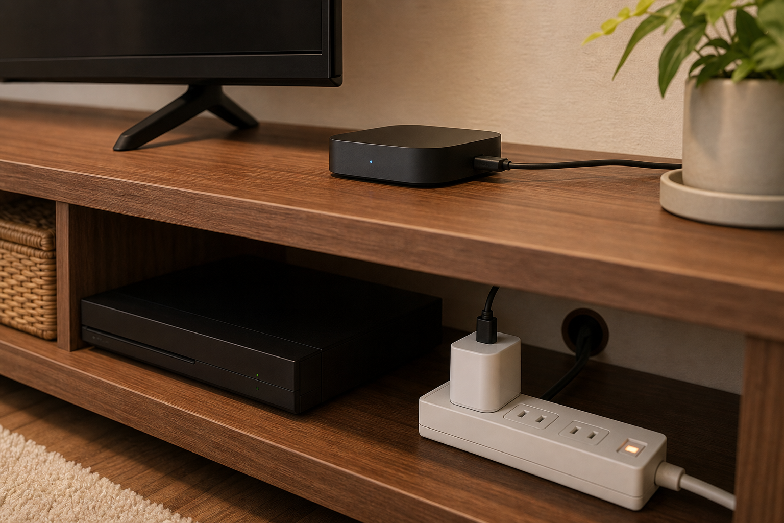 テレビ台のスマートリモコンハブとUSB Type-A電源アダプターを確認する様子
