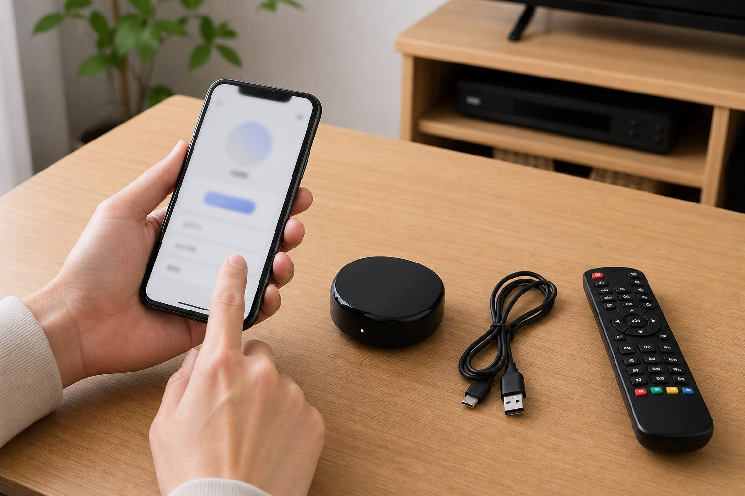 スマートフォンのアプリとスマートリモコンハブを並べて初期設定する机上の様子