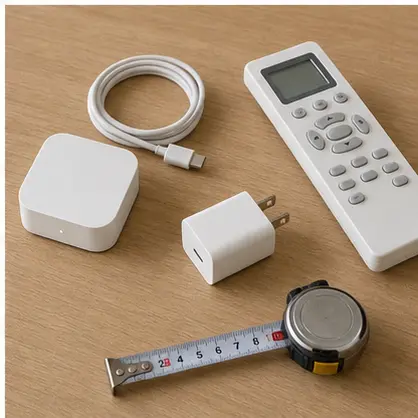 スマートリモコン、エアコンのリモコン、USBケーブル、電源を並べて購入条件を確認する様子