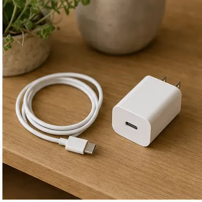 USB Type-Cケーブルと別売のUSB電源アダプターを棚の上で確認する様子
