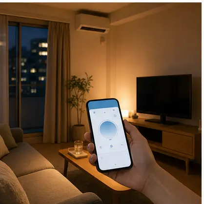 夜のリビングで帰宅前にエアコンを操作するスマートフォンとスマートリモコン