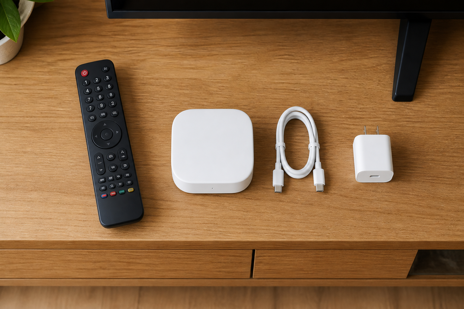 テレビのリモコン、白いハブ、USB Type-Cケーブル、別売電源を並べた購入前確認のイメージ
