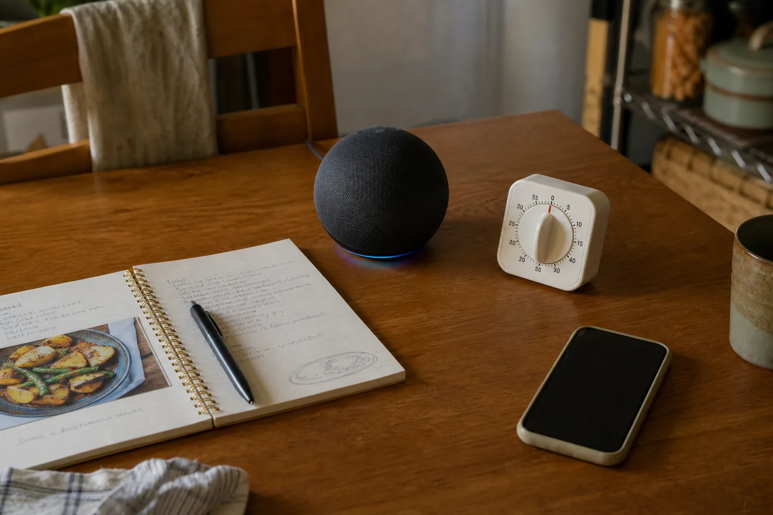 スマートスピーカー、アナログタイマー、ノートを並べて購入判断を考える食卓