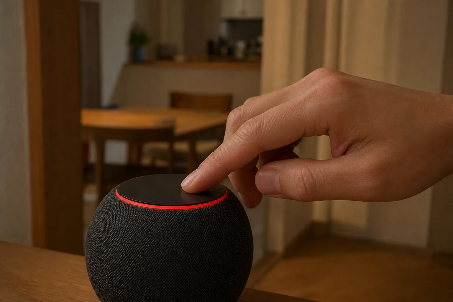 スピーカー上部のマイクミュートボタンを指で押す場面