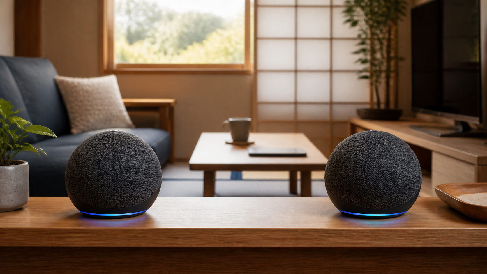 左右に分けて棚へ置いたAmazon Echo Dot第5世代のステレオペア