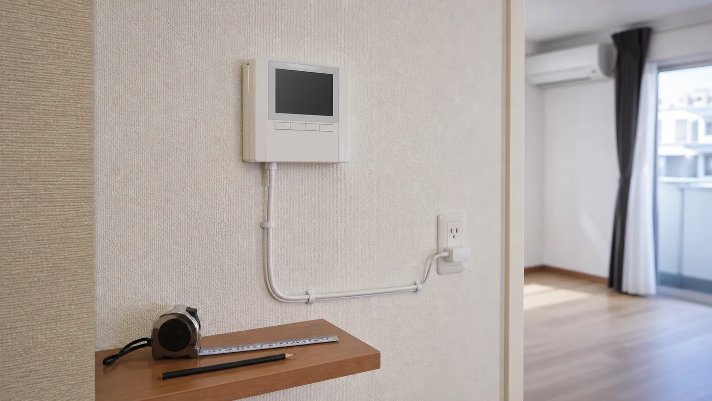 日本の集合住宅の壁とコンセントを測りながら設置位置を検討するシーン
