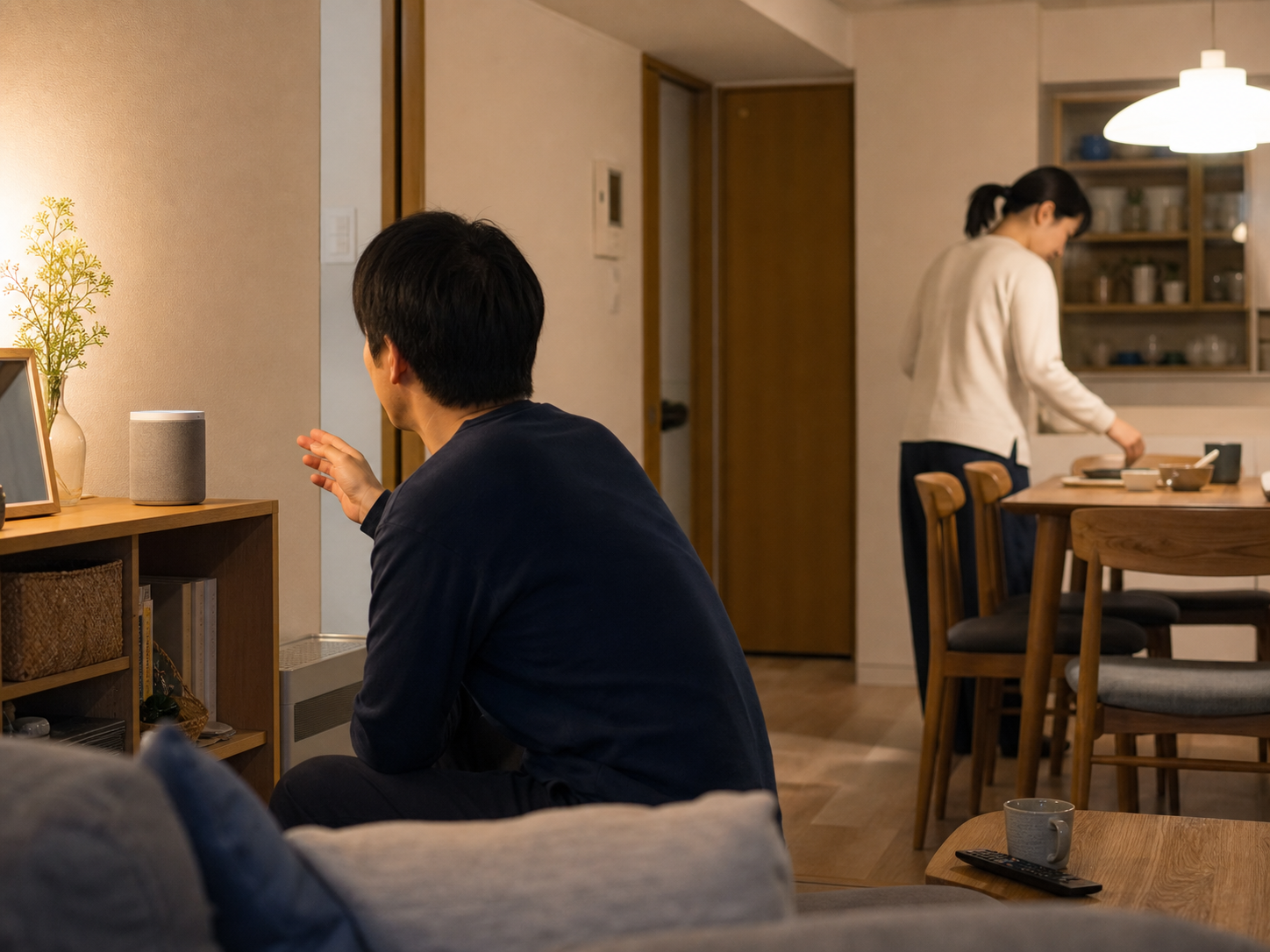 リビングのスピーカーへ家族が声をかけ、別の家族が台所で過ごす日本の住まい