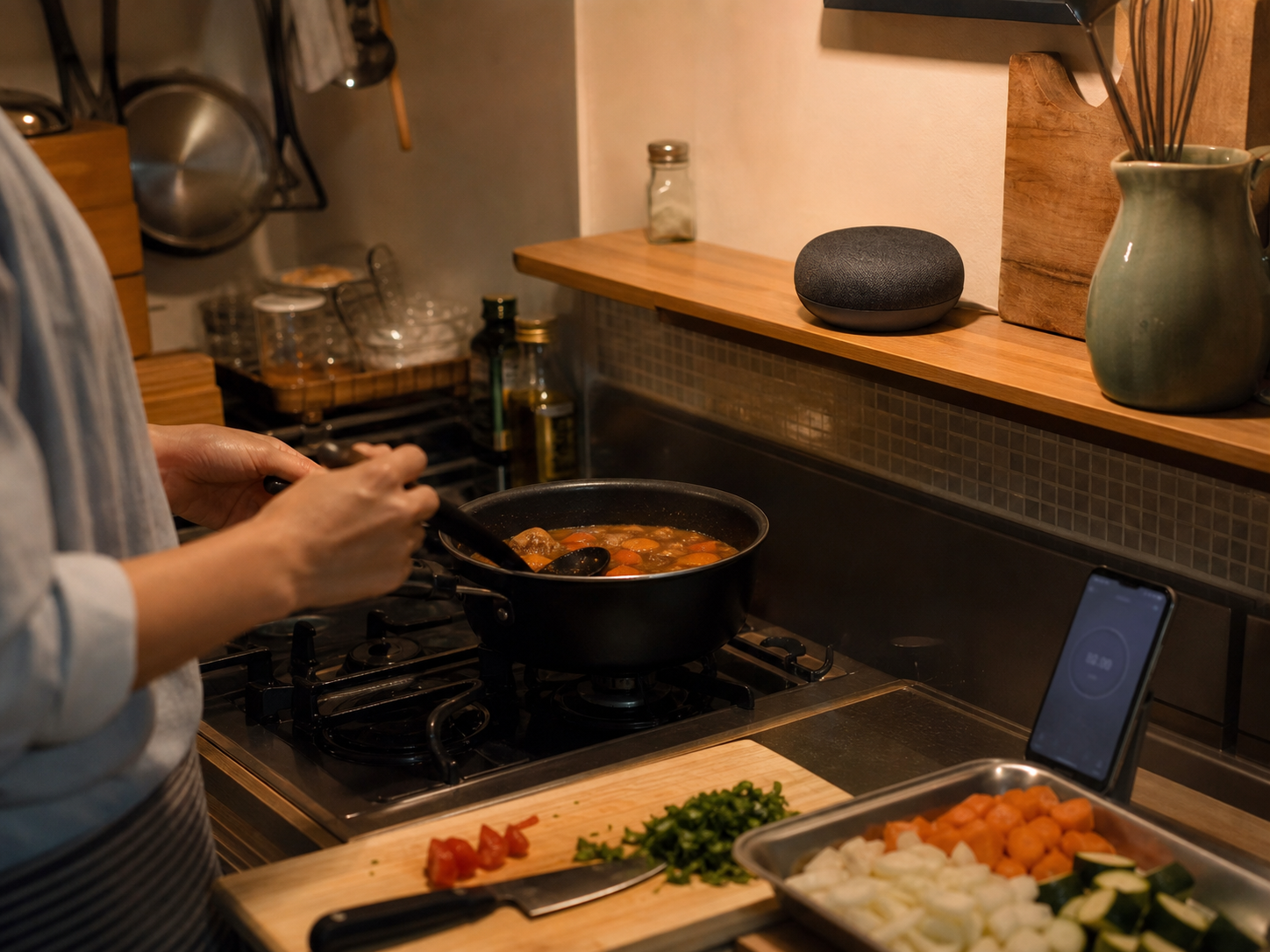 料理をしながらスマートスピーカーとタイマーを使う日本のキッチン