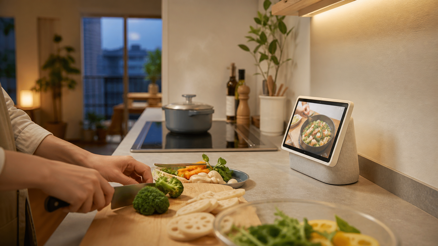 日本のキッチンで料理中に使うスマートディスプレイのイメージ