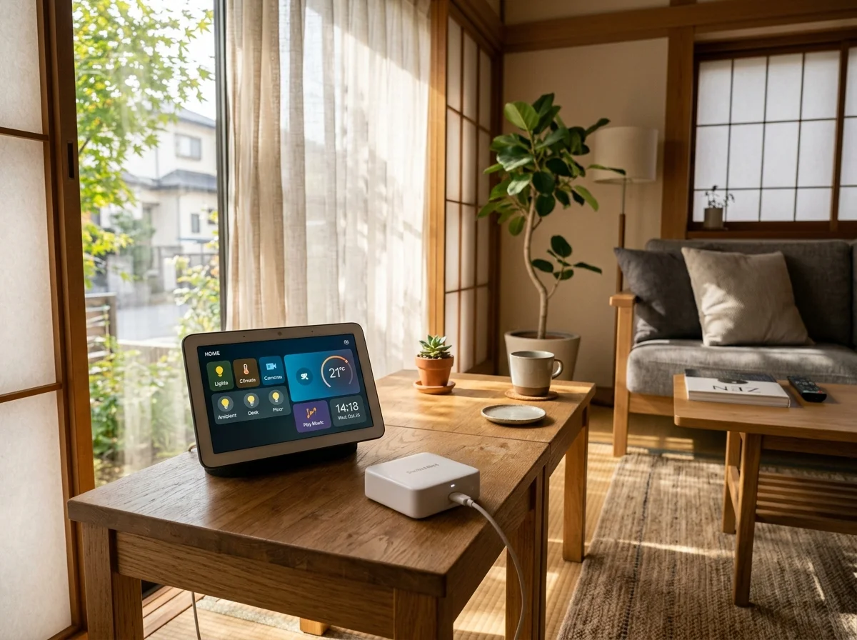 Google Nest HubとSwitchBot Hubが並ぶスマートホームのリビング