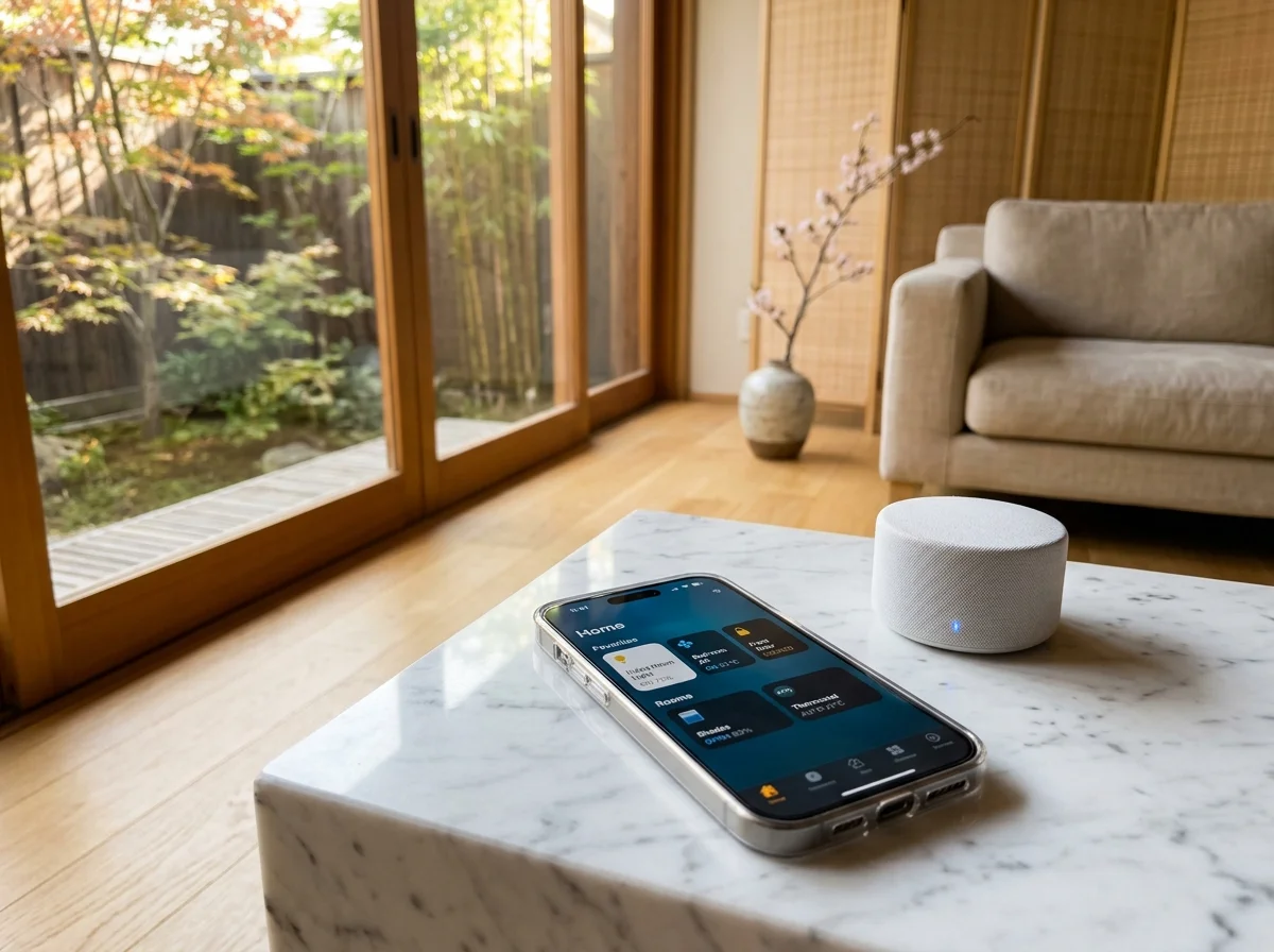 iPhoneのApple HomeアプリとSwitchBot Hubが並ぶスマートホーム