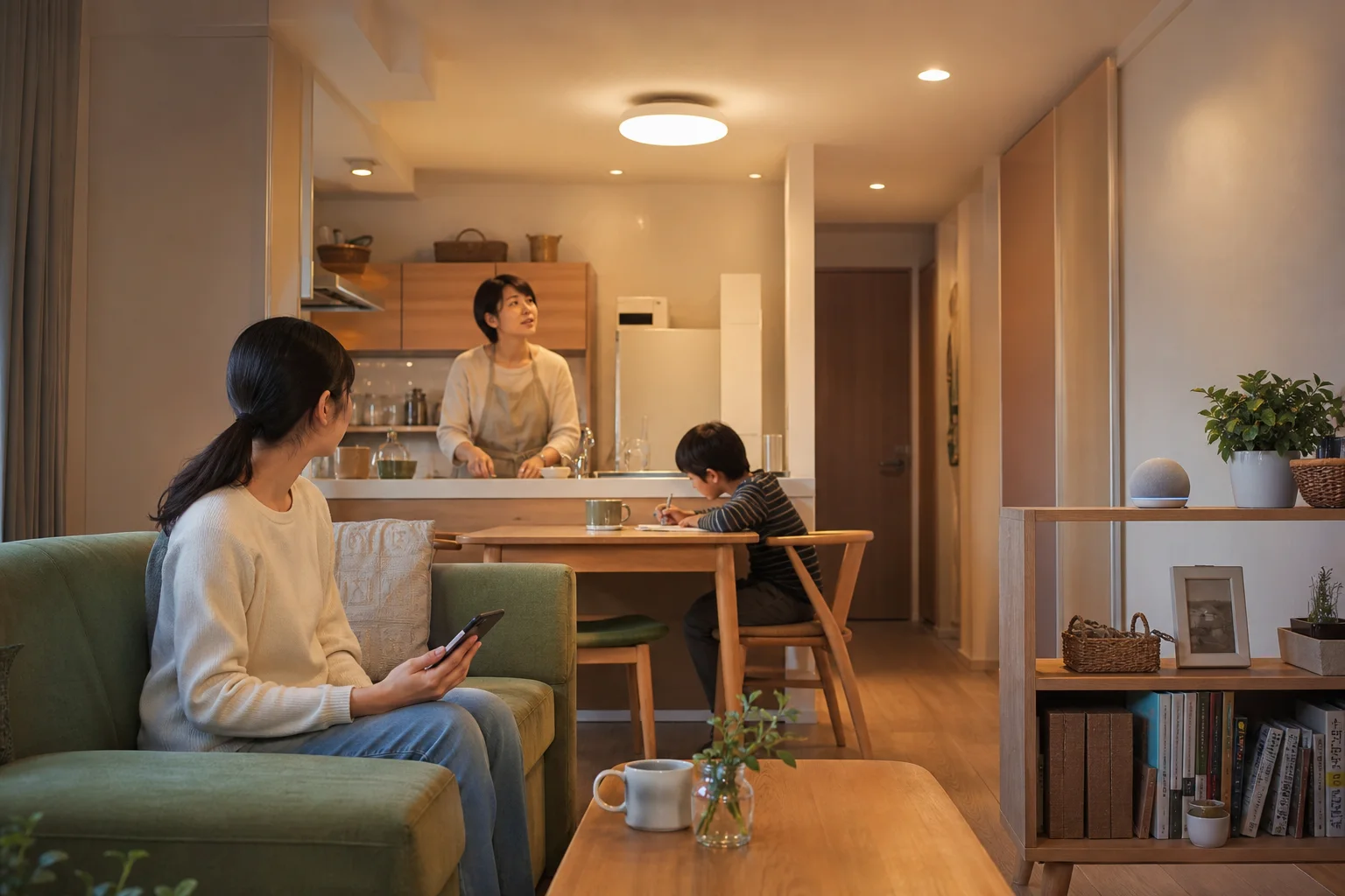家族がスマートフォンと音声で照明を操作する日本のリビング