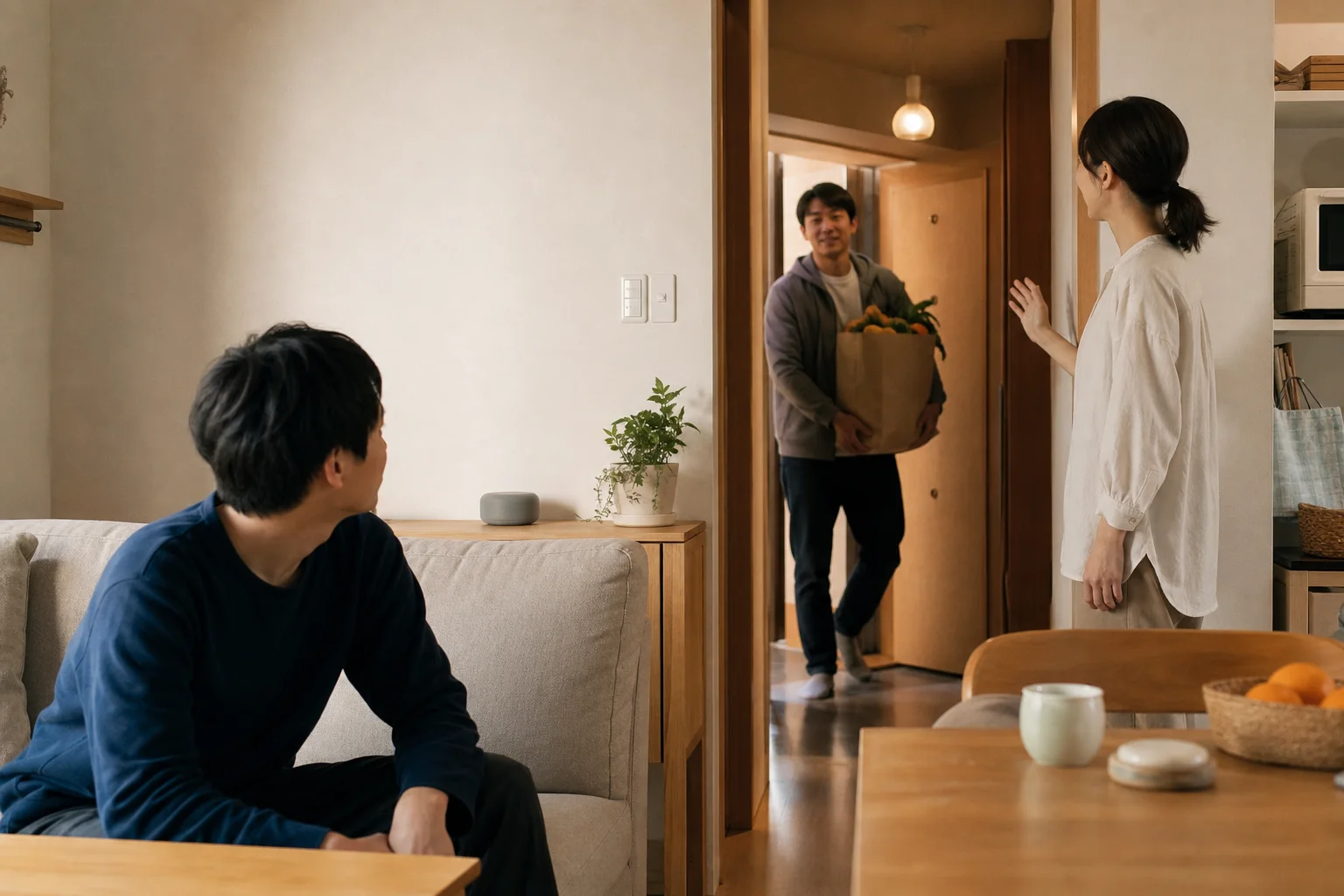 リビングの音声端末へ家族が声をかける暮らしの場面